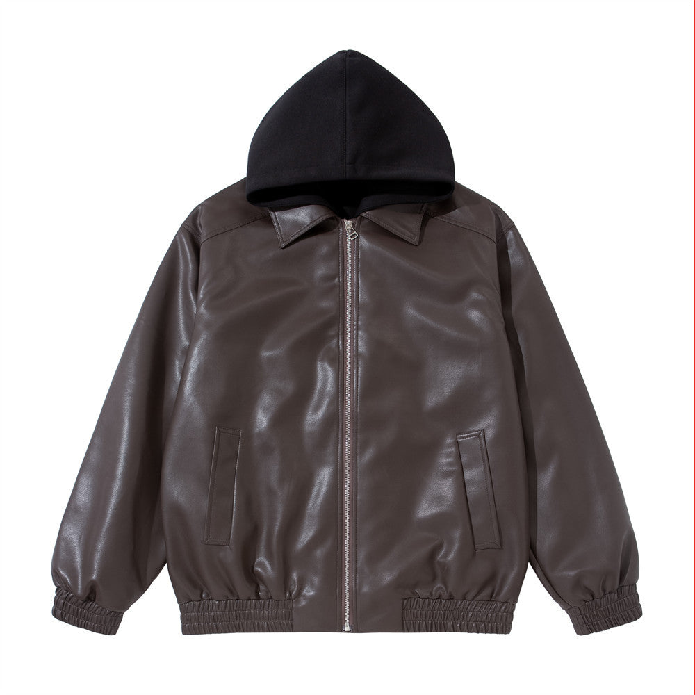 Oversized faux leather hooded bomber jacket with contrast hood and full-length zip in black and dark brown