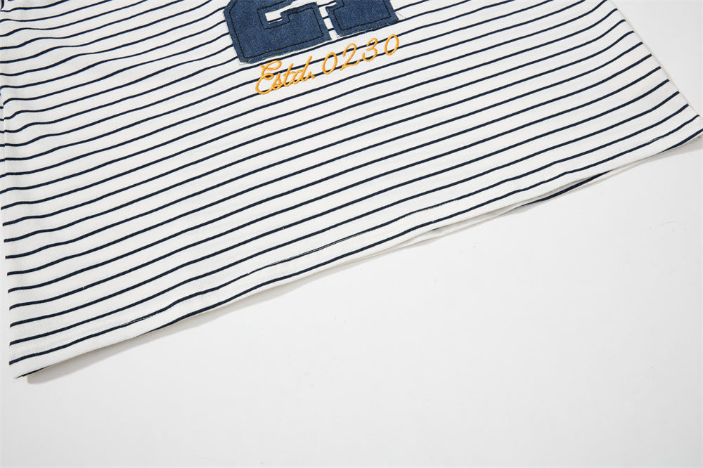 Striped Long Sleeve Shirt Mens Polo — Varsity Embroidery, Relaxed Fit