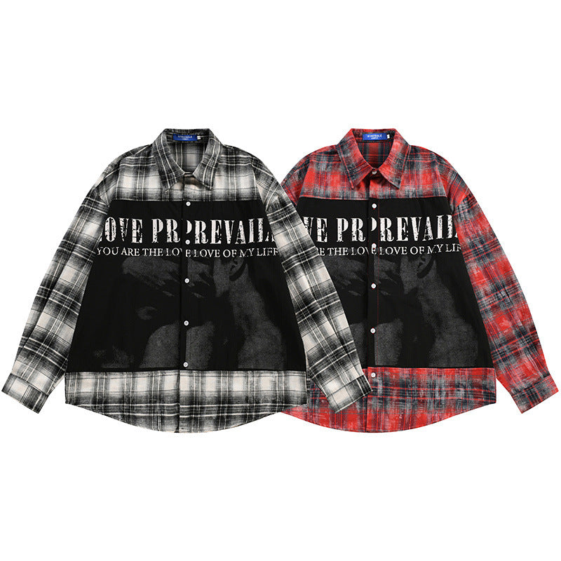 Long Sleeve Button Shirt – Plaid Patchwork Graphic Print Oversized Flannel