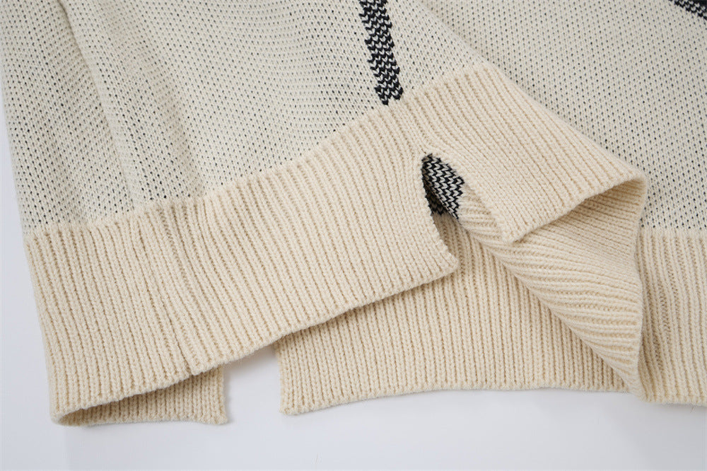 Men Crew Neck Sweater Oversized Star Knit Distressed Colorblock