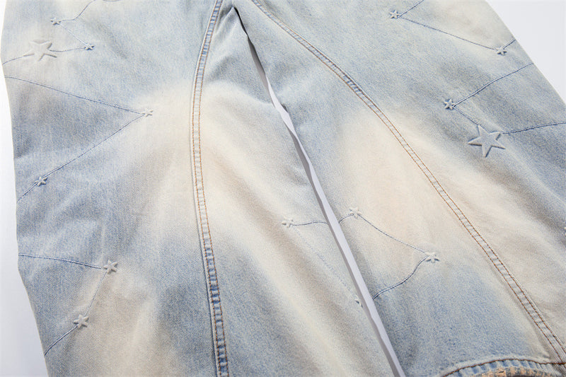 Star Embroidery Wide-Leg Jeans – Vintage Washed Baggy Denim