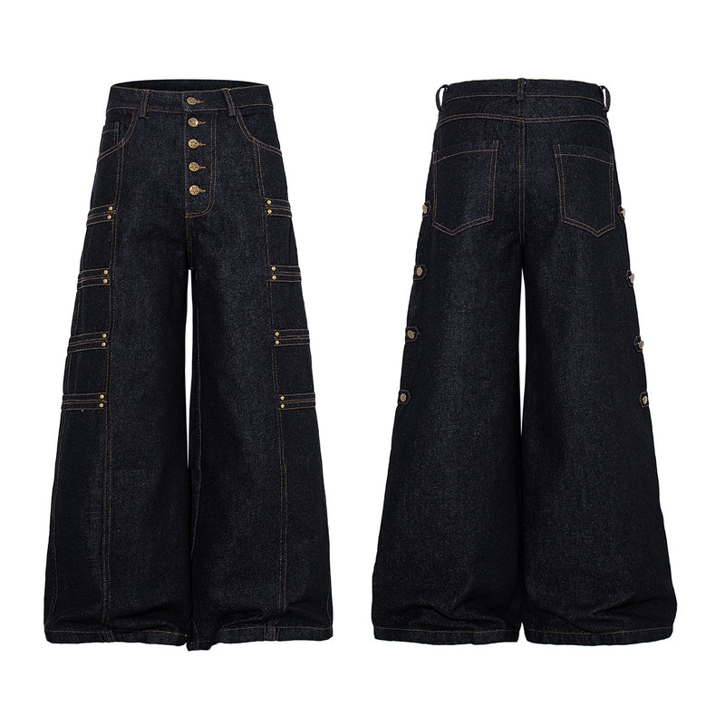 Jean brut baggy à jambes larges, pantalon cargo avec braguette à boutons dorés et détails cloutés