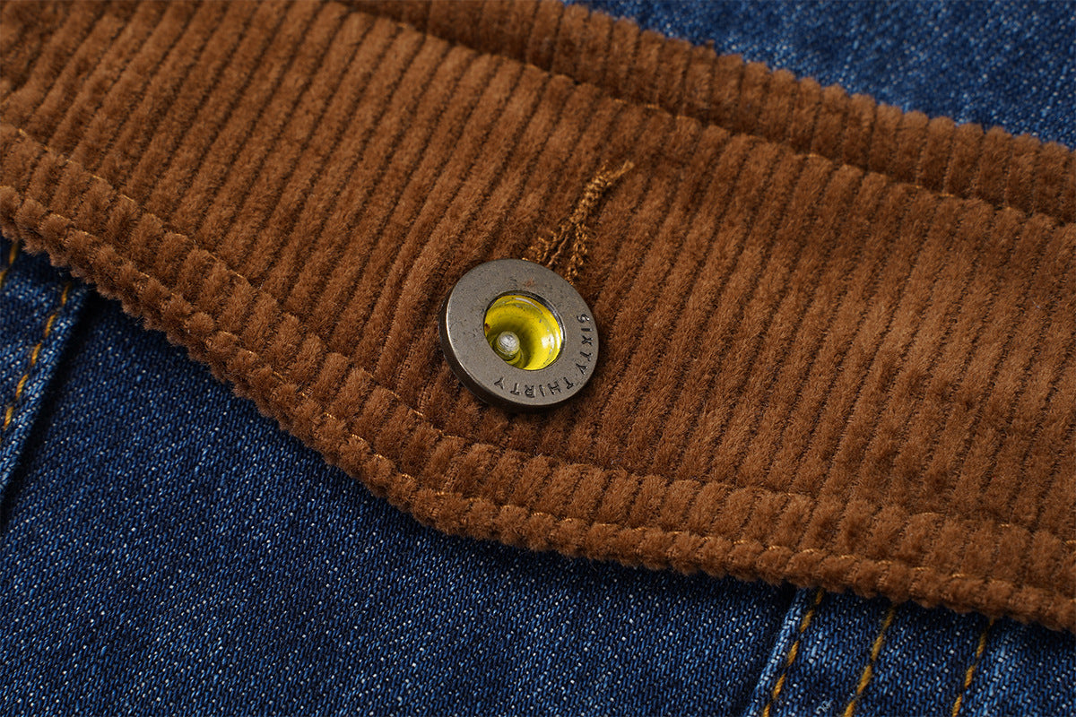 Veste en jean homme délavée avec col et poignets en velours côtelé