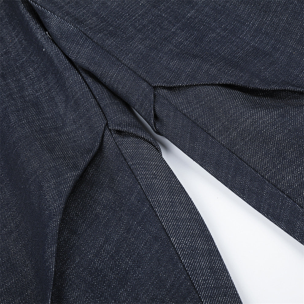 Wide-Leg Jeans with Irregular Spliced Waistband and Double Pleats