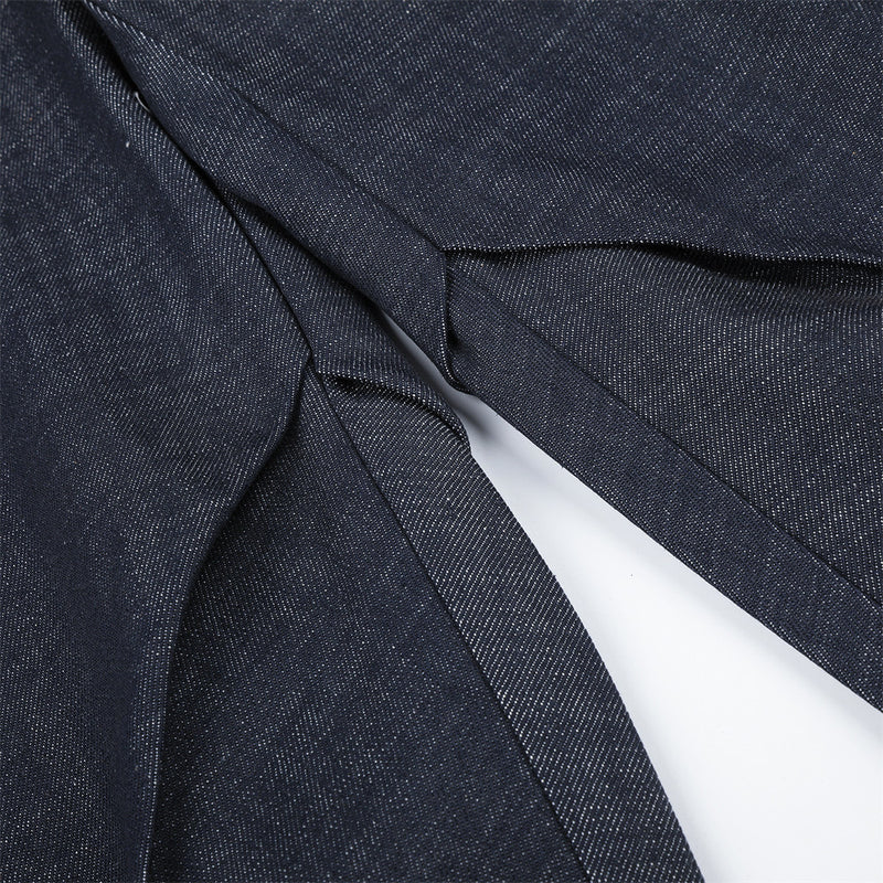 Wide-Leg Jeans with Irregular Spliced Waistband and Double Pleats