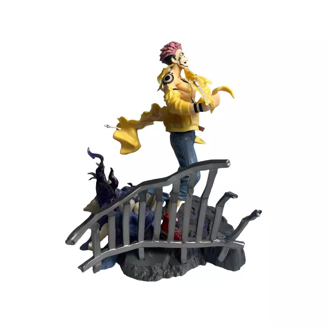 The Jujutsu Kaisen Yuji Itadori Dual Face PVC Figure is a 1/6 scale, 27 cm collectible statue from Jujutsu Kaisen. It features spiky pink hair, a yellow cape-like garment, and stands on a stone base with bent railing, capturing cursed energy effects through an abstract shape behind him.