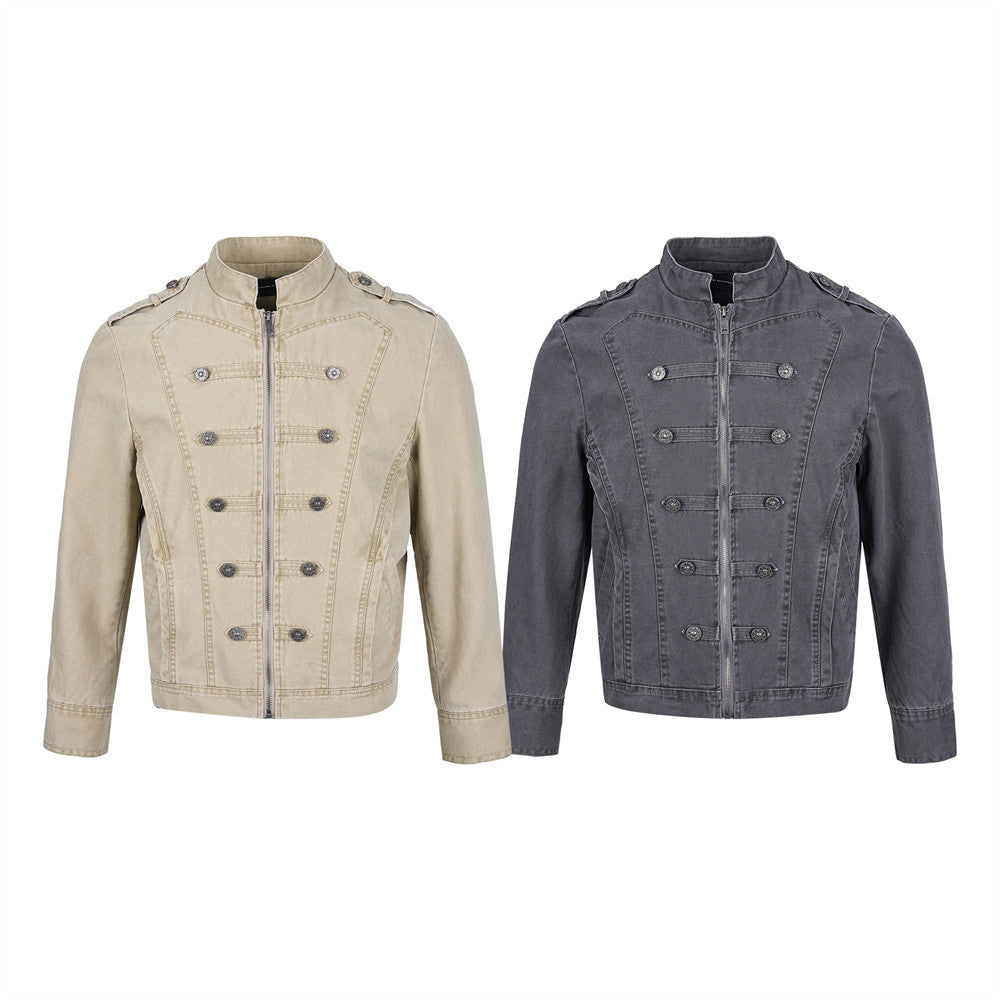 Men's Vintage Military Double-Breasted Zip Jacket with Stand Collar
