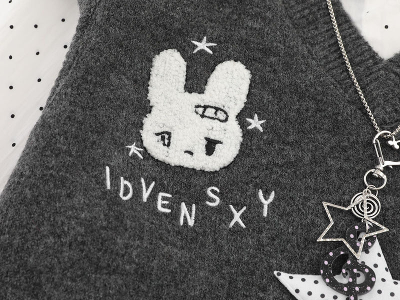 Sweater Faux Two-Piece Knit Vest with Polka Dot Shirt Collar & Bunny Embroidery