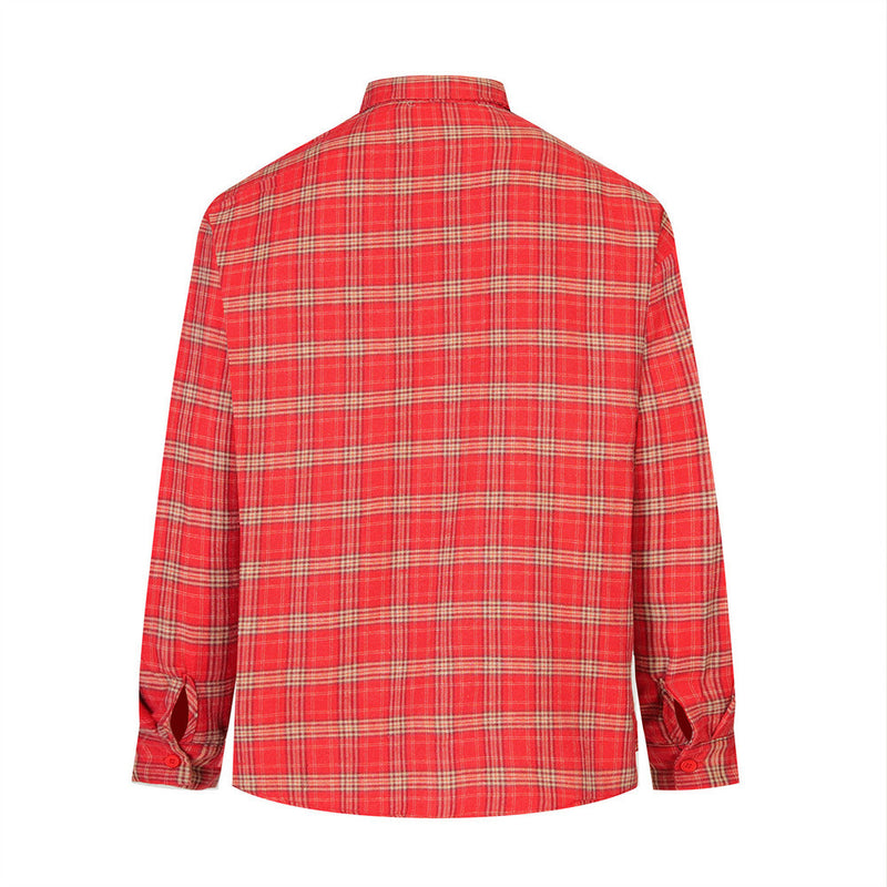 Plaid Long Sleeve Button-Up Shirt with Gothic Letter Embroidery