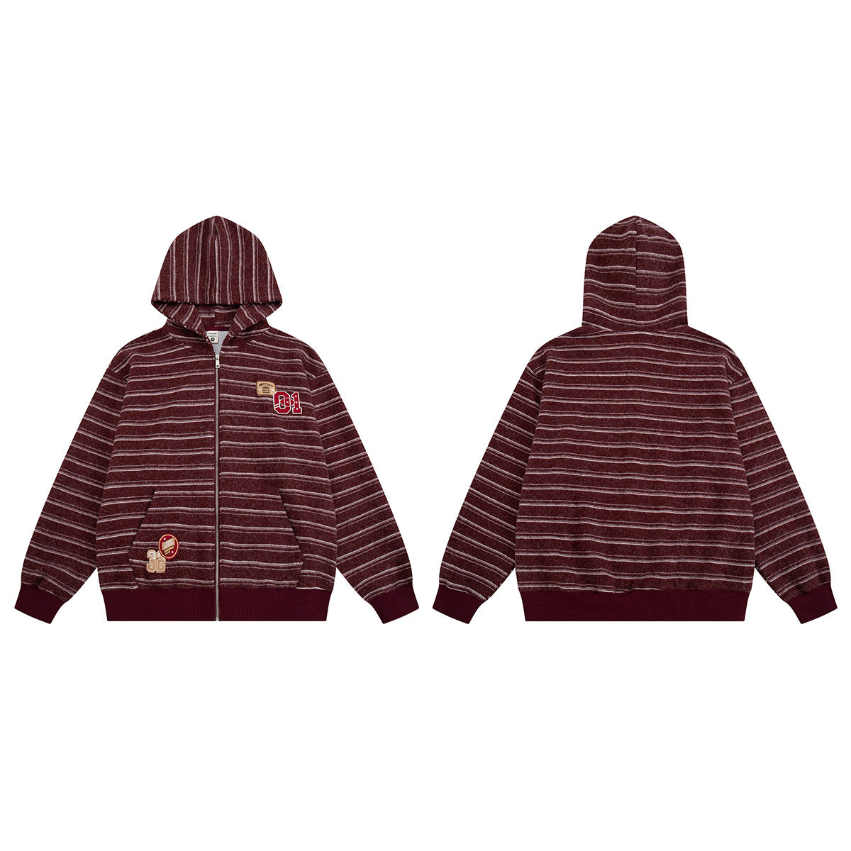 Sudadera de rayas con cremallera y parches varsity – Cárdigan retro americano de felpa