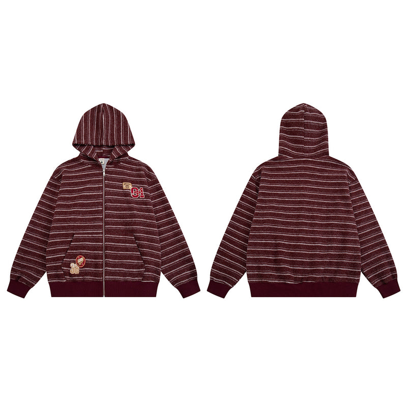 Sudadera de rayas con cremallera y parches varsity – Cárdigan retro americano de felpa