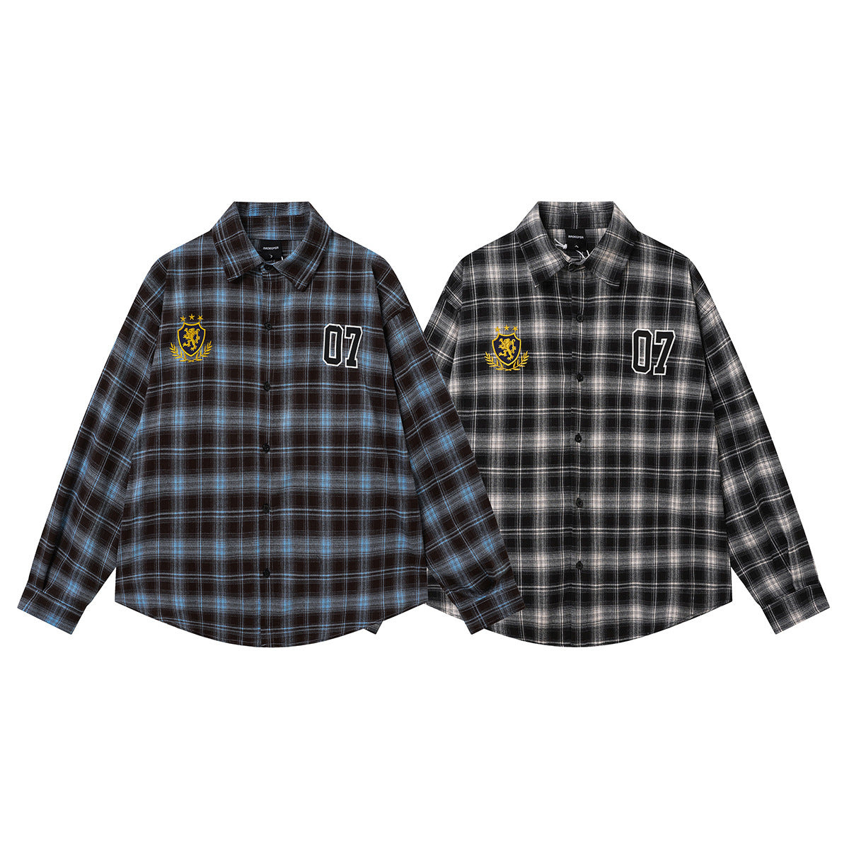 Kariertes Flanell-Overshirt mit Varsity-Emblem & Nummern-Grafik