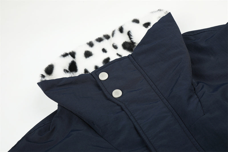 Reversible Stand-Collar Jacket Men's Dalmatian Faux Fur & Nylon Oversized Bomber