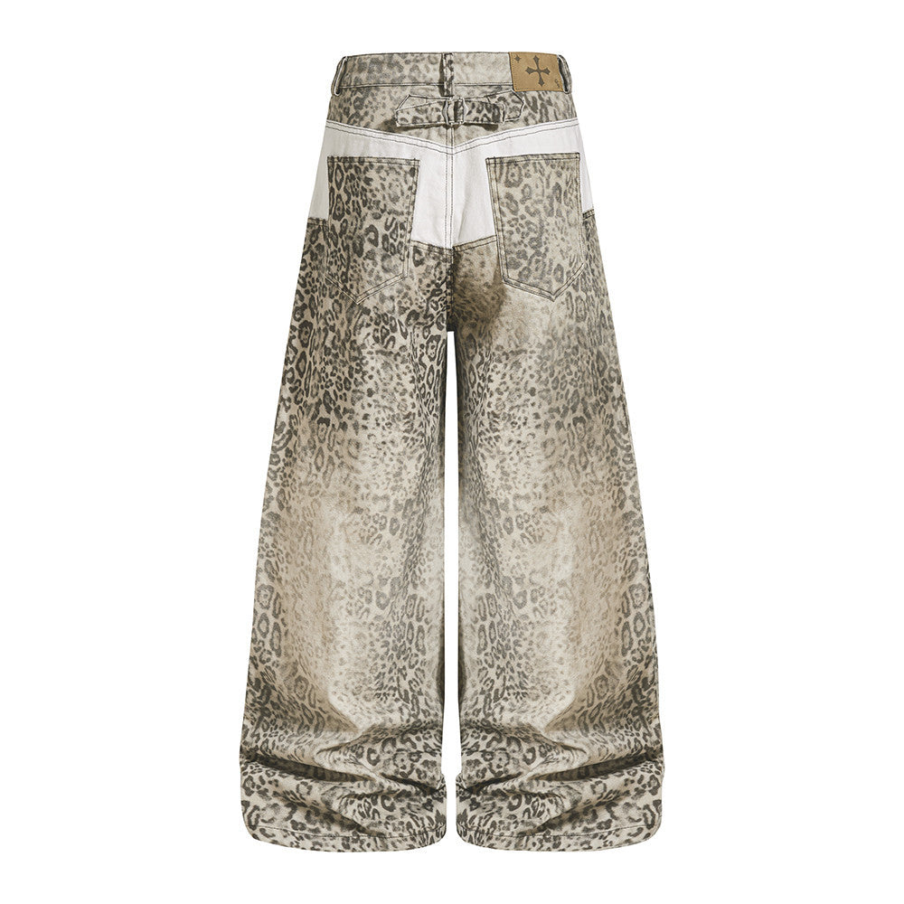 Wide-Leg Leopard Print Jeans – Baggy Fit Punk Streetwear Pants for Men