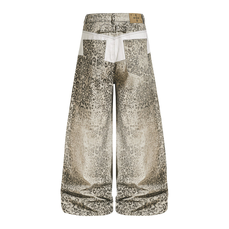 Wide-Leg Leopard Print Jeans – Baggy Fit Punk Streetwear Pants for Men
