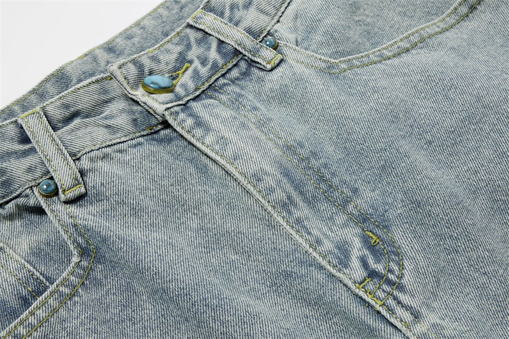 Pearl-Studded Wide-Leg Denim Cargo Jeans – Vintage Washed Scimitar Cut