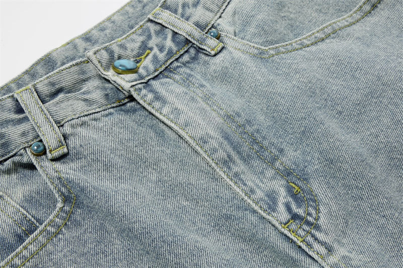 Pearl-Studded Wide-Leg Denim Cargo Jeans – Vintage Washed Scimitar Cut