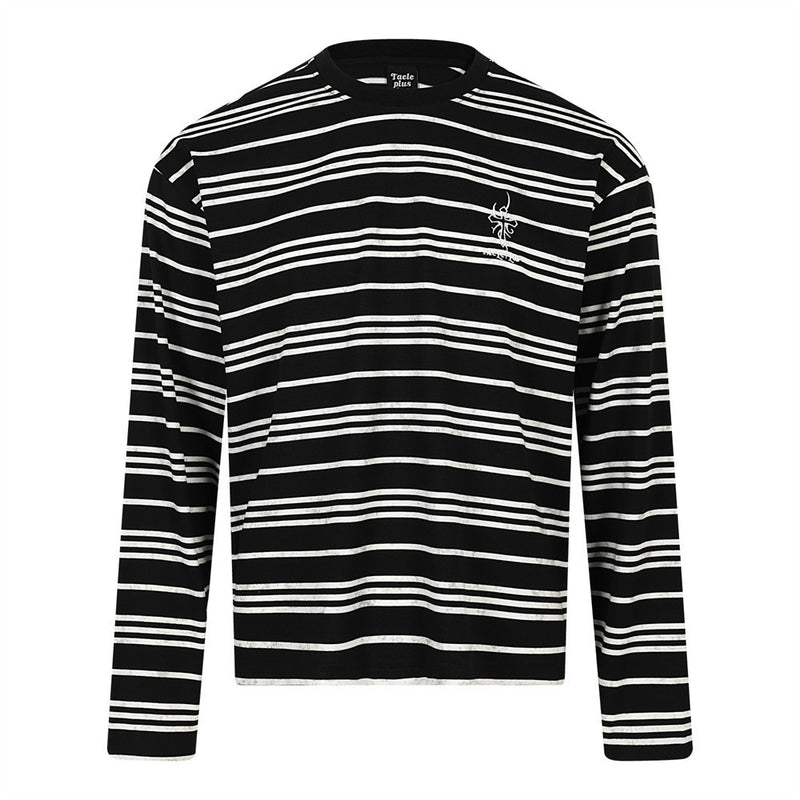 Taele Plus black-and-white striped oversized long-sleeve crew-neck tee with logo embroidery on chest and graphic print on bac
