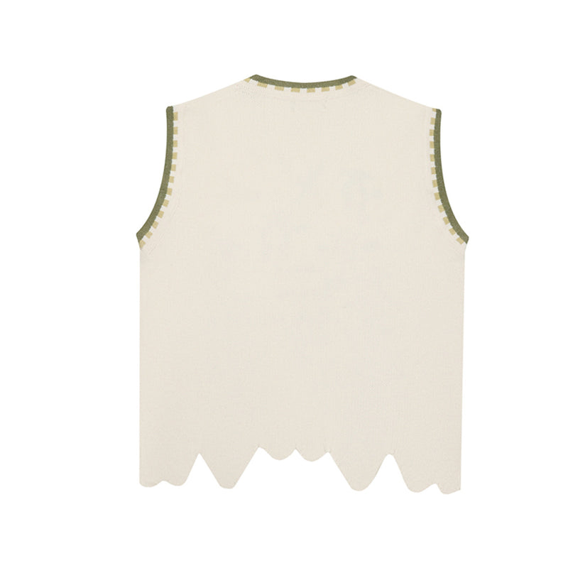 V-Neck Knit Sweater Vest with Sheep Jacquard Graphic — Retro College Style
