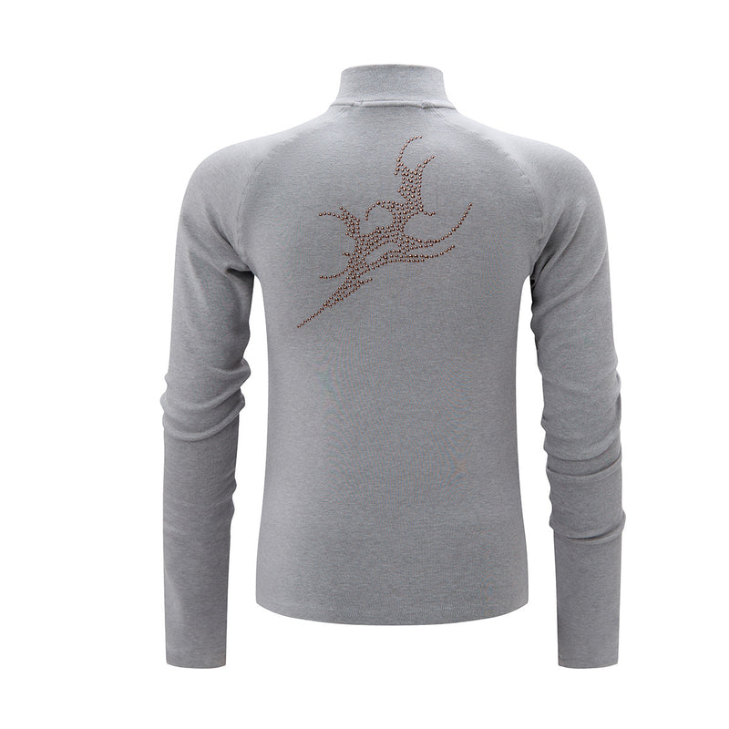 Rhinestone Dragon Mock Neck Quarter-Zip Long Sleeve Shirt