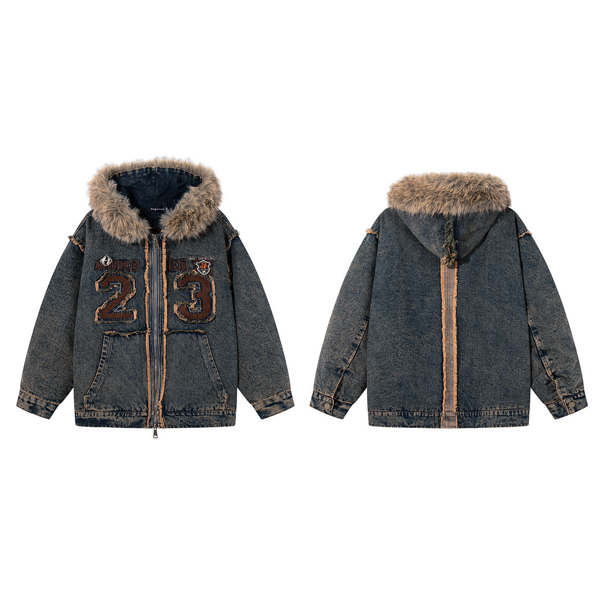 Hooded Denim Jacket with Fur Collar, Number 23 Varsity Patch & Acid Wash Finish