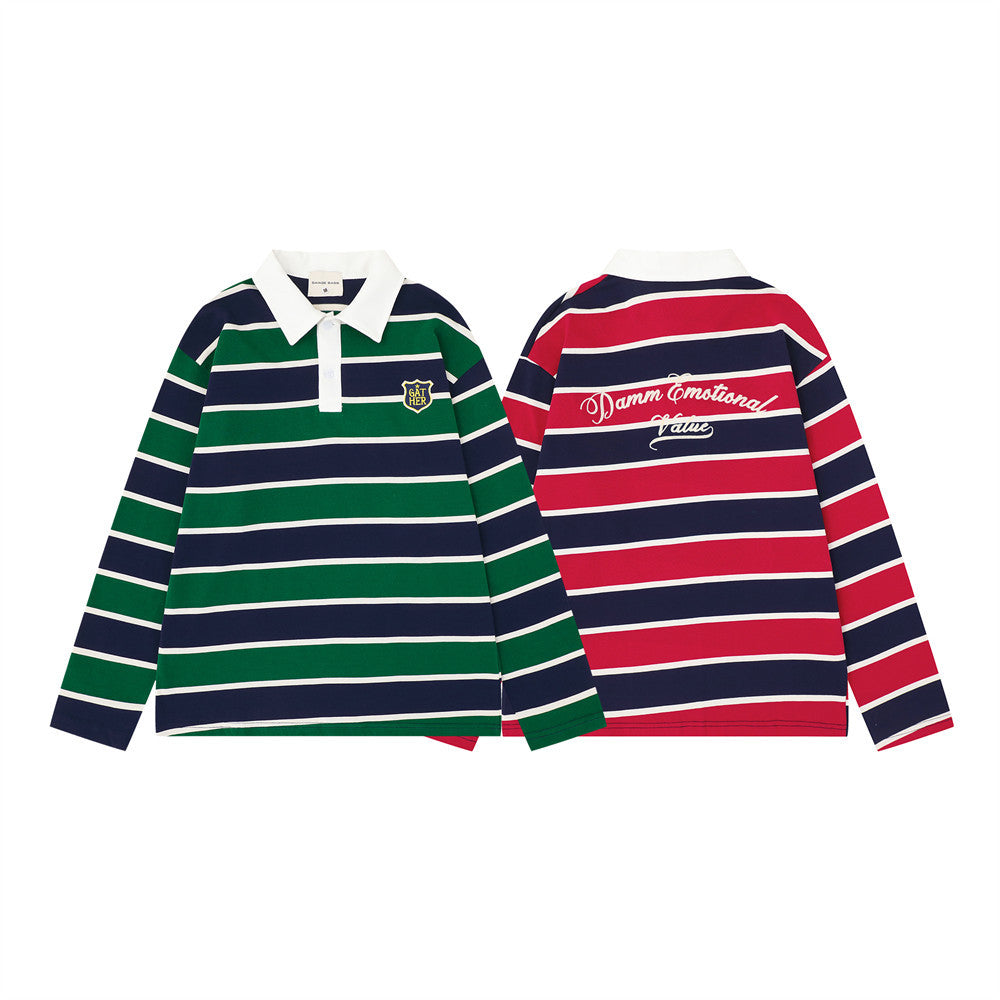 Striped long sleeve rugby polo shirt shown front and back in green, navy, and red