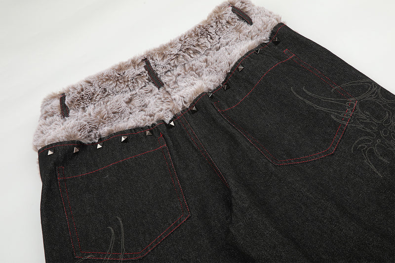 Vaqueros baggy street style – Denim de pierna ancha con cinturilla plegable de sherpa y