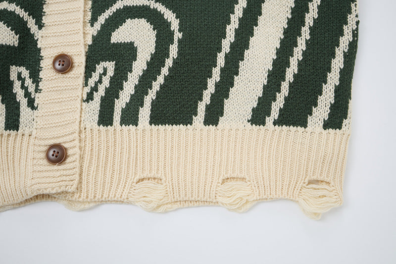 Abstrakter Wirbel-Strickcardigan – Oversized Pullover mit V-Ausschnitt und Knopfleiste