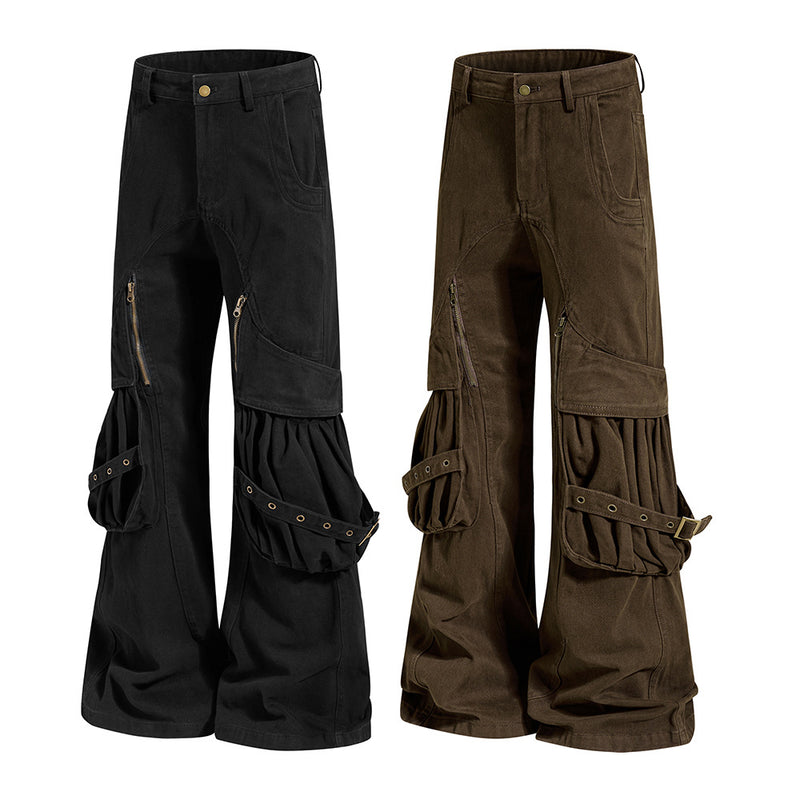 Men's Deconstructed Flare Cargo Pants with Ruched Pockets & Zip Detail