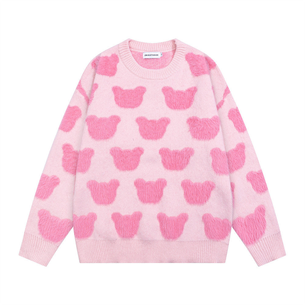 Bear Jacquard Crewneck Knit Sweater – Oversized Long Sleeve Pullover