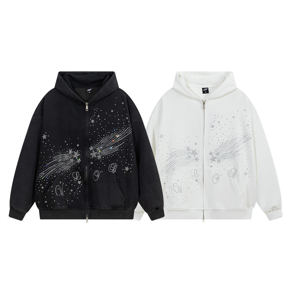 Sweat à capuche zippé avec étoile filante en strass – Streetwear oversize à double zip
