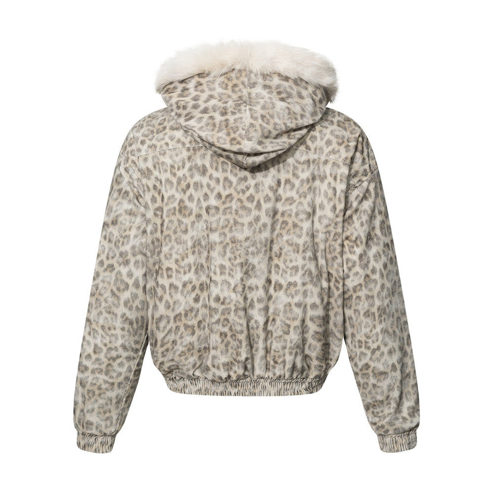 Leopard Print Hooded Bomber Jacket with Faux Fur Trim