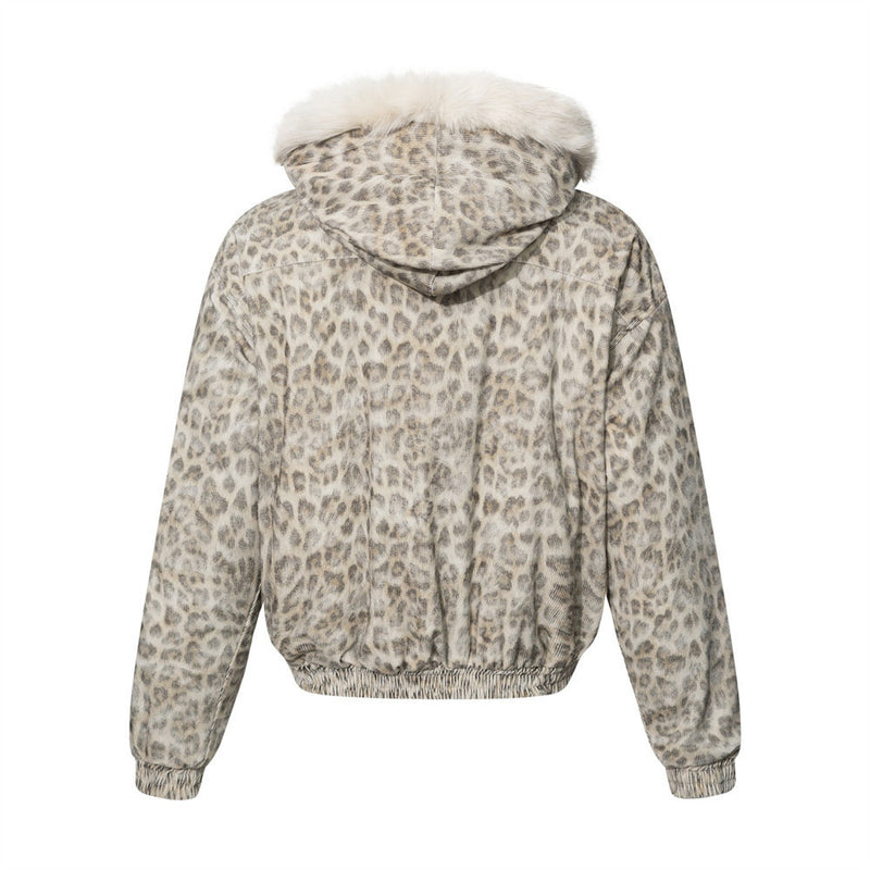Leopard Print Hooded Bomber Jacket with Faux Fur Trim