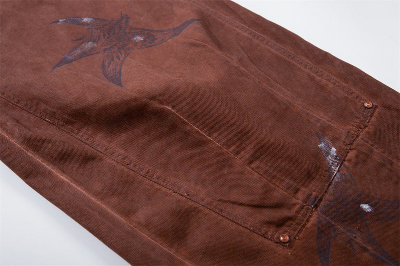 Wide-Leg Cargo Pants – Washed Brown Bird Print, Baggy Fit