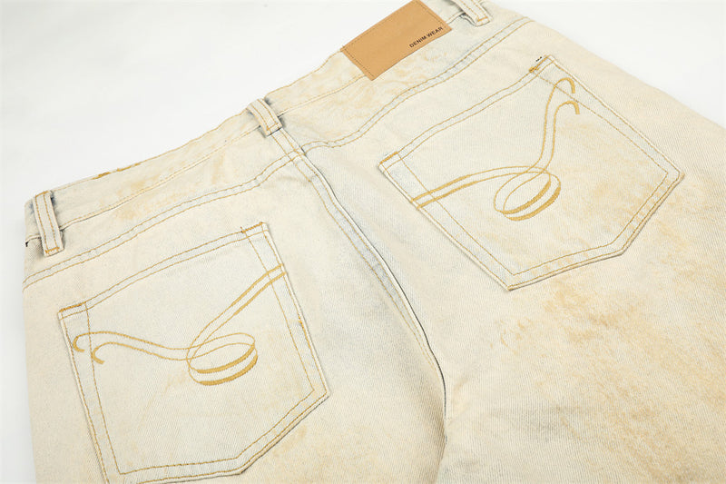 Men's Wide-Leg Distressed Jeans – Mud-Dye Washed, Diagonal Button Fly, Flare Hem