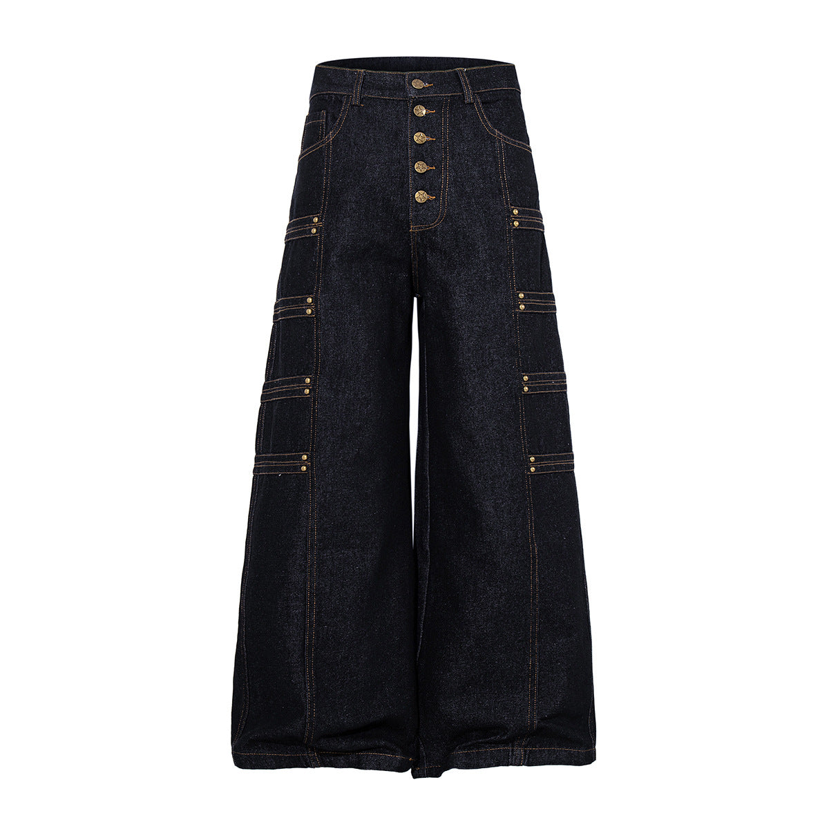 Military-Style Denim Jacket with Napoleon Stand Collar and Gold Star Buttons