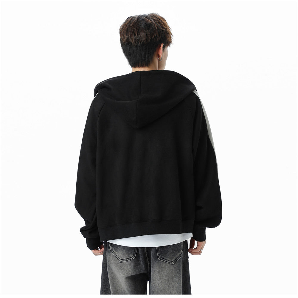GLFS Colorblock Oversized Zip Up Hoodie – Distressed Letter Print, Dual Zipper