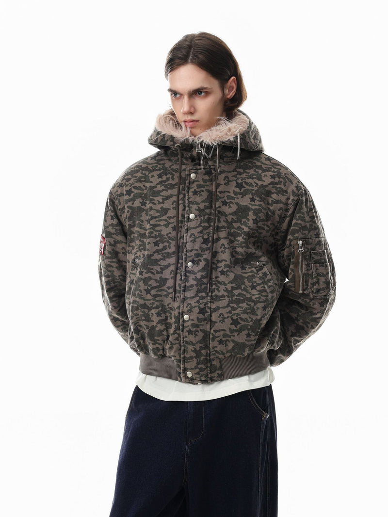 Camouflage Star-Print Padded Bomber Jacket with Faux Fur Hood