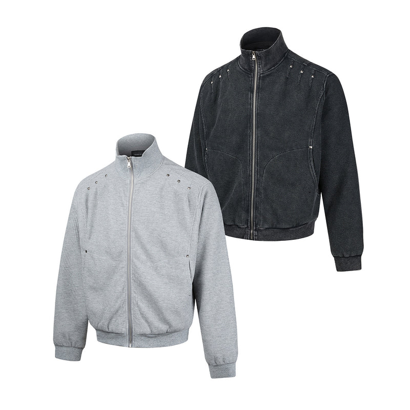 Blouson bomber en maille gaufrée délavée à l’acide avec rivets métalliques