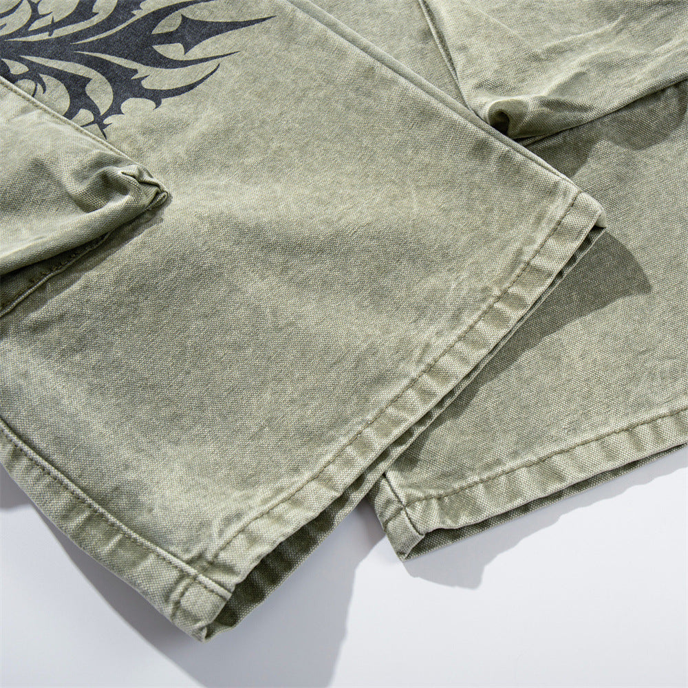 Wide-Leg Cargo Pants with Tribal Graphic & Letter Print – Acid Wash Army Green