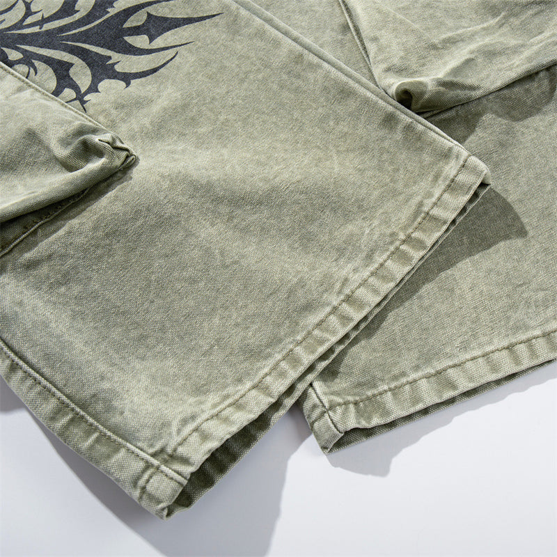Wide-Leg Cargo Pants with Tribal Graphic & Letter Print – Acid Wash Army Green