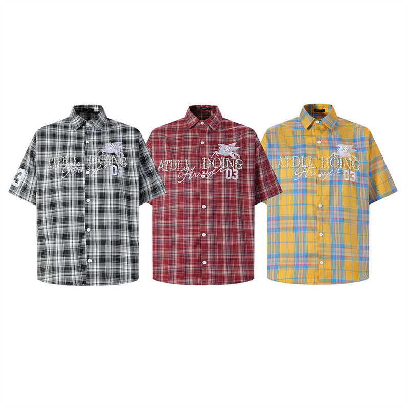 Plaid Short-Sleeve Shirt with Pegasus Embroidery & Studded Lettering