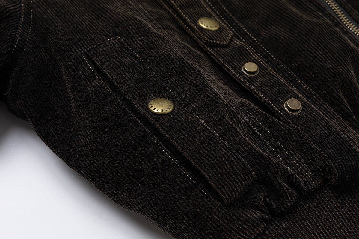 Corduroy Bomber Jacket with Shearling Collar & Gold Hardware – Dark Brown