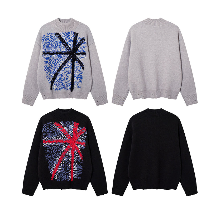 Union Jack Jacquard Knit Sweater – Oversized Crew Neck with Distressed Hem