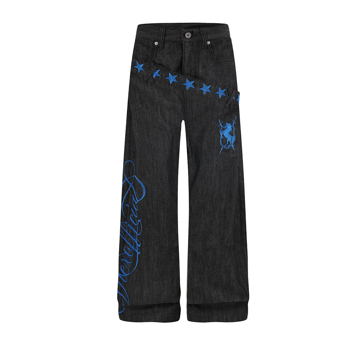 Black wide leg raw denim jeans with blue star embroidery diagonal waistband and script lettering on leg, front and back view