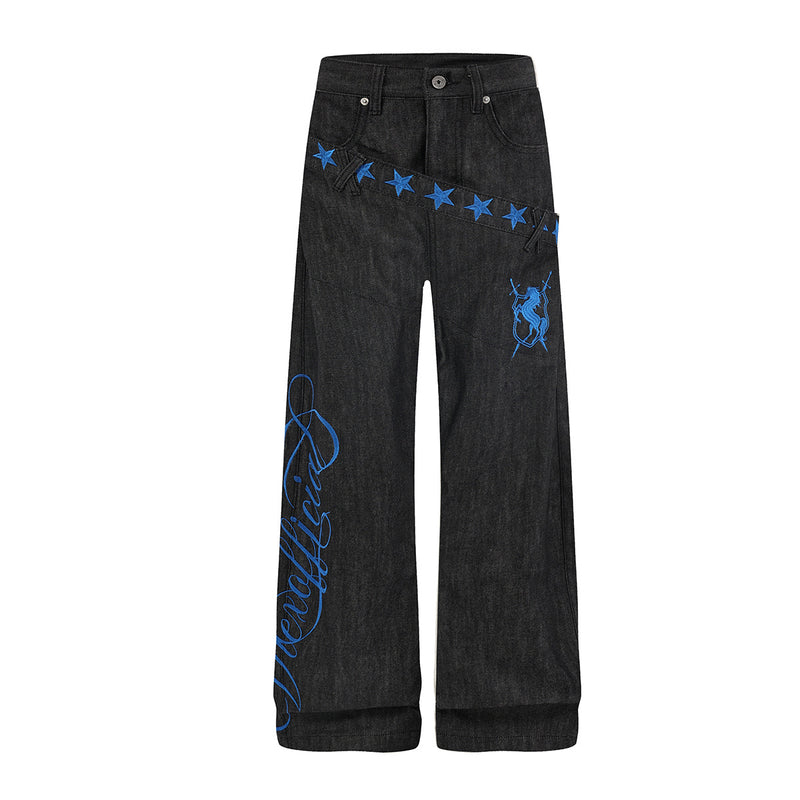 Black wide leg raw denim jeans with blue star embroidery diagonal waistband and script lettering on leg, front and back view