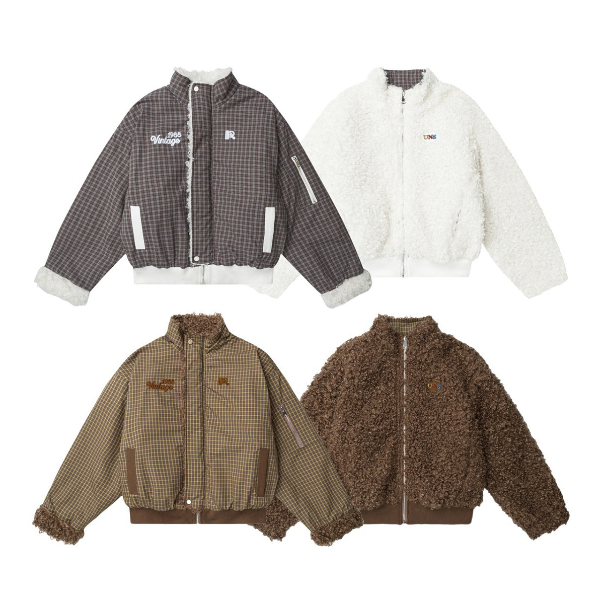 Reversible Plaid & Sherpa Bomber Jacket – Vintage 1988 Embroidered Padded Coat