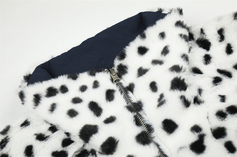 Reversible Stand-Collar Jacket Men's Dalmatian Faux Fur & Nylon Oversized Bomber