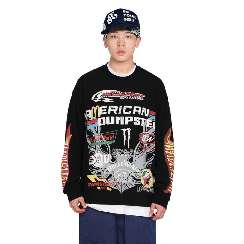 Oversized American Dumpster Hellsport graphic long-sleeve waffle-knit tee in black and almond with racing-inspired print