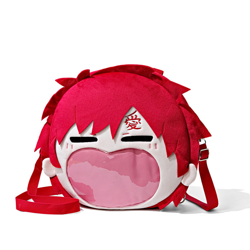 The Naruto Gaara Shoulder Bag by Seakoff features a plush, round 3D design of the character&